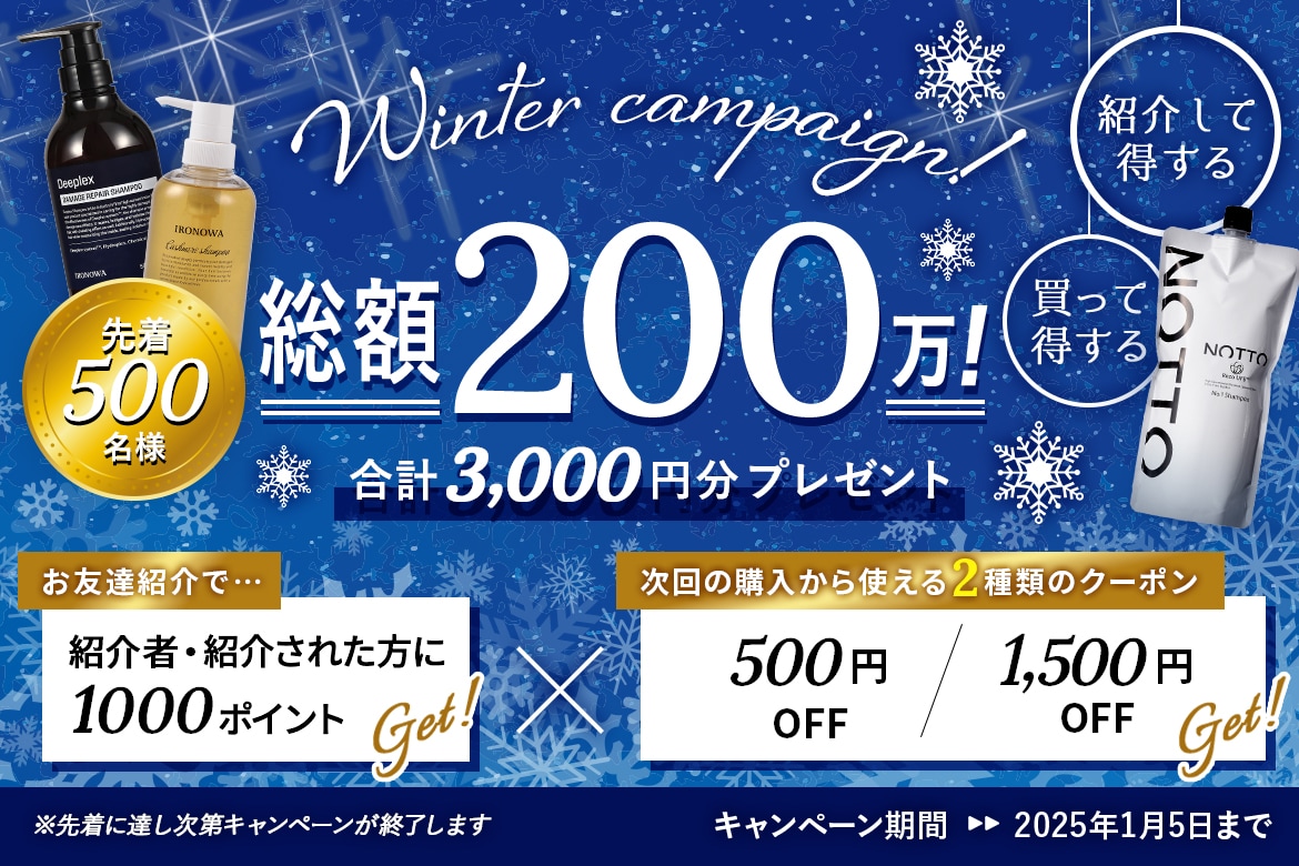 ウィンターキャンペーン 総額200万！ 合計3,000円分プレゼント 先着500名様 キャンペーン期間：2025年1月5日まで